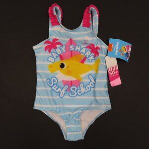 Baby Shark Toddler 3T Blue Stripe One Piece Swimsuit Pink Ruffle Nickelodeon NEW